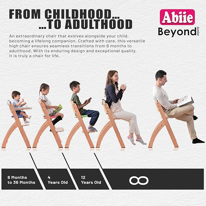 Abiie Beyond Junior Wooden High Chair with Tray - Adjustable and Convertible High Chair for Babies and Toddlers - 6 Months to 250 Lb - Water Resistant - Natural Wood with Lilac Cushion