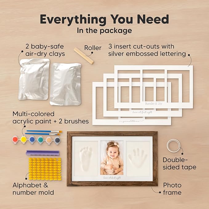 Baby Hand and Footprint Kit - Clay Handprint Keepsake Frame, Newborn Nursery Picture Frame, Personalized New Mom Gifts for Baby Shower & Registry (Medium Oak)