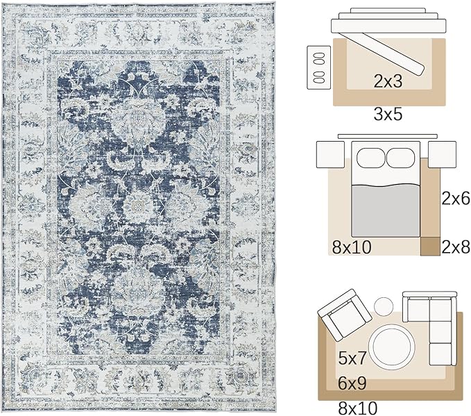 jinchan Floral 3x5 Area Rugs for Entryway - Machine Washable Taupe Vintage Distressed Design Doormat Non-Slip Ultra-Thin Low Pile Boho Rug for Kitchen Living Room Bedroom Farmhouse (3‘x5',Dark Blue)