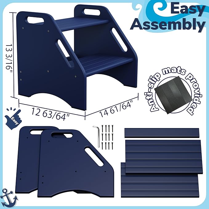 AMBIRD Wooden Step Stool, Two Step Stools Toddler 300 lbs Capacity with Safety Non-Slip Pads and Handles, Bamboo Step Stool for Bathroom, Kitchen Dual Height Step Stools for Kids (Navy Blue)