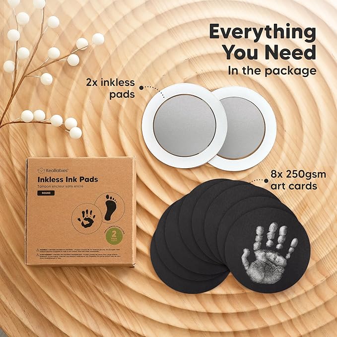 2-Pack Round Inkless Baby Hand and Footprint Kit - Mess Free Ink Pad for Newborn Keepsake, Dog Nose & Paw Print Kit, Clean Touch Ink Pad for Baby Hand & Footprints, Ideal New Mom Gifts (Silver)