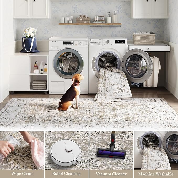 jinchan Vintage Floral 5x7 Area Rugs for Bedroom - Machine Washable Distressed Design Stain Resistant Boho Carpet Ultra-Thin Low Pile Non-Slip Rug for Living Room Dining Room Kitchen (5‘x7',Taupe)