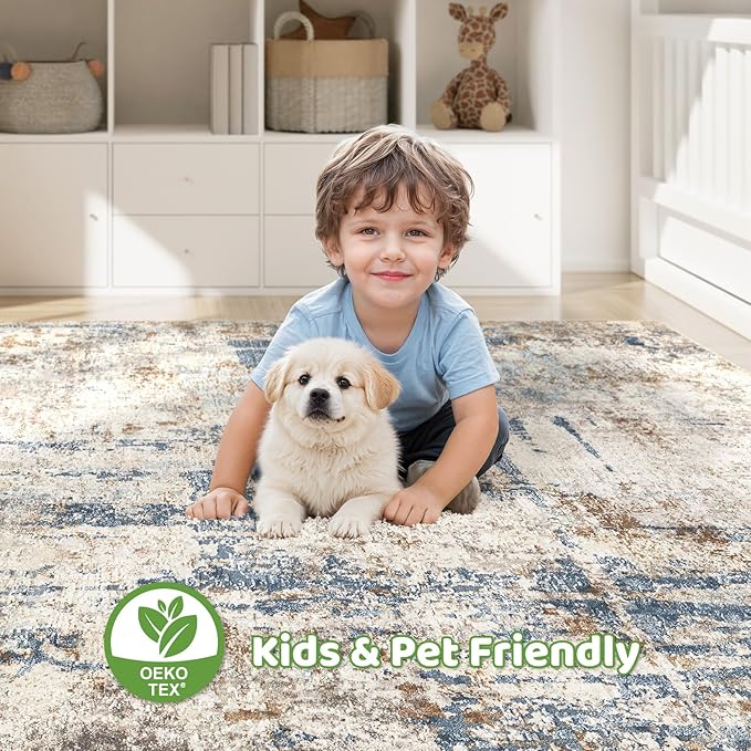 9x12 Area Rug Washable Rugs: Living Room Large Abstract Modern Soft Stain Resistant Indoor Floor Non Slip Accent Carpet for Bedroom Nursery Playroom Office Dining Room Dorm Home House- Tan