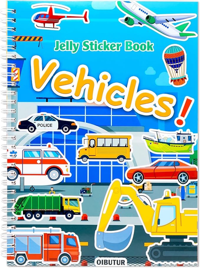 Jelly Sticker Books for Toddlers 2-4 Years, Reusable Sticker Book for Kids 1-3, Toddler Travel Essentials Vehicles Stickers for Kids Toddler Plane Activities (Vehicles)