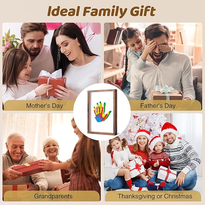 Family Handprint Kit, Hand Prints Keepsake Frame, DIY Craft Gift for New Parents & Mom & Baby, Grandparents, Mother's Day, Father's Day, Adoption Day, Anniversary, 6 Non -Toxic Paints (Brown)