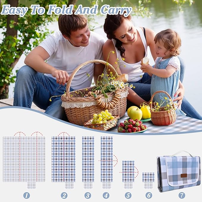 80"x80" Extra Large Waterproof Outdoor Mat - Sandproof Foldable Picnic Blanket for Family Camping, Backyard, Beach Parties - Heavy Duty & Easy Storage (Blue&Gray)