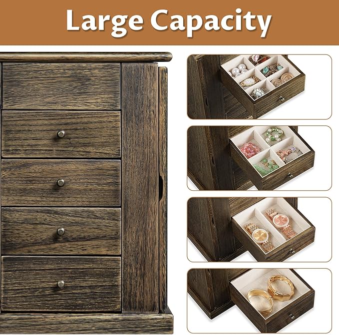 Jewelry Box for Women, 5 Layer Large Wood Jewelry Boxes & Organizers for Necklaces Earrings Rings Bracelets, Rustic Jewelry Organizer Box with Drawers and Mirror(Vintage)