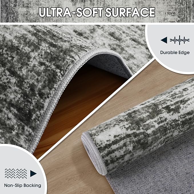 Area Rugs 8x10 Living Room Rugs: Modern Abstract Washable Rug with with Non-Slip Backing, Stain Resistant Indoor Floor Large Carpet for Bedroom Dining Room Table Nursery Hallway Home Office-Black/Gray