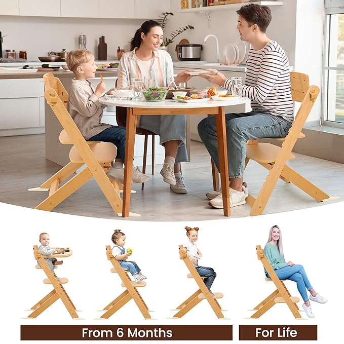 High Chair for Babies and Toddlers, Wooden Highchair with Adjustable Seat & Convertible Footrest Heights, Baby Feeding Chair with Safety Harness & Removable Double Layer Tray