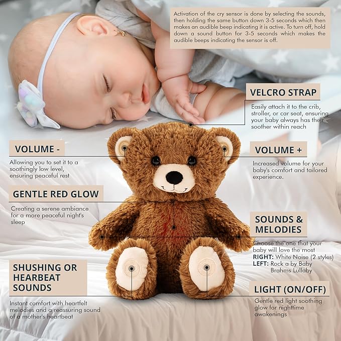 Gemma Joy Bedtime Baby Soothers for Sleep, Cry Activated Heartbeat Stuffed Animal for Baby, Newborn, Calming Light, Lullaby Music, White Noise, Shush, Mother’s Heartbeat - (Brown Bear, Rechargeable)