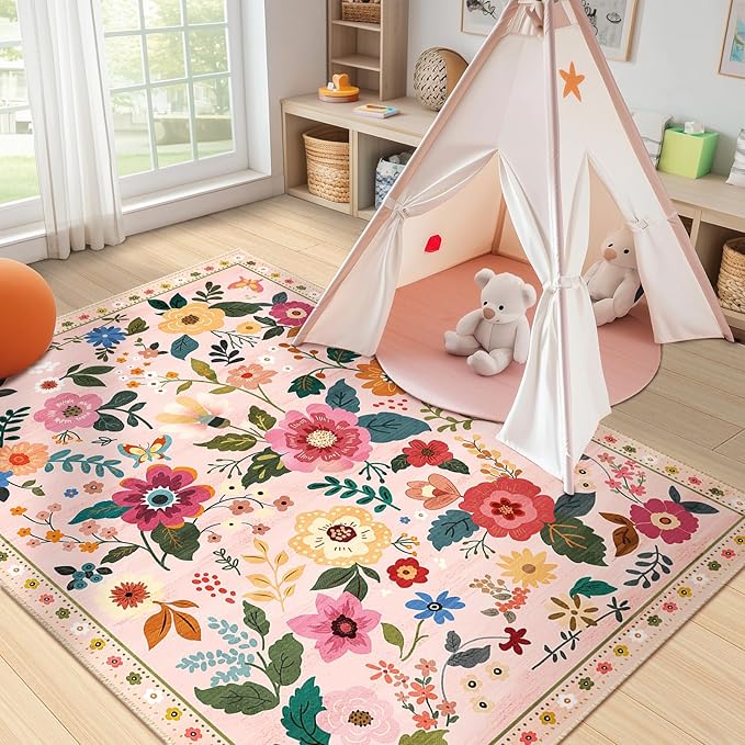 Floral 4x6 Area Rug Machine Washable Soft Print Boho Carpet Non Slip Doormat Low Pile Flower Area Rugs for Living Room Bedroom Nursery Kitchen Dining Room Indoor-Pink