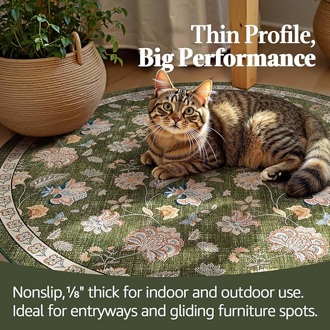 jinchan 7ft Floral Round Rug for Dining Room Washable Living Room Rug Vintage Romance Design Non Slip Indoor Floor Cover Lightweight Low-Profile Throw Carpet for Bedroom Porch Patio, Green