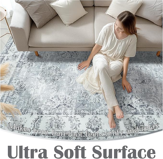 jinchan Hallway Runner Rug 3x8 Washable Runner - Vintage Floral Non Slip Low-Pile Soft Thin Faux Wool Kitchen Rug Distressed Carpet for Farmhouse Bedroom Laundry Room(3x8ft,Grey)