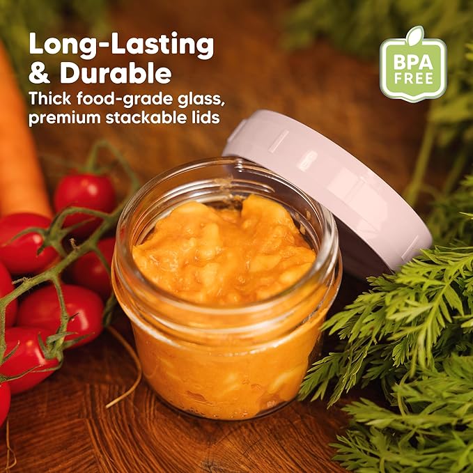 KeaBabies 6pk 4oz Glass Baby Food Containers with Lids - Leak-Proof, Microwavable Small Glass Jars, Baby Purees & Toddler Snack Storage Containers, BPA-Free, Dishwasher & Freezer Safe (Roseate)