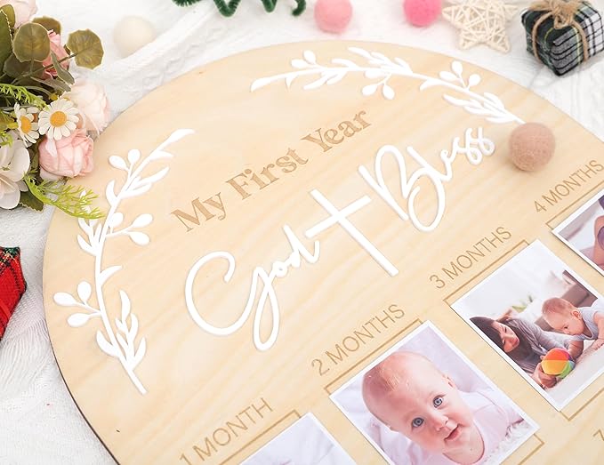 God Bless My First Year Photo Board - 1st Holy Communion Monthly Photos Display,God Bless 1 To 12 Months Photo Wooden Board,Baby Baptism Party Milestone Photos,Wooden Cross Photo Board (God Bless)