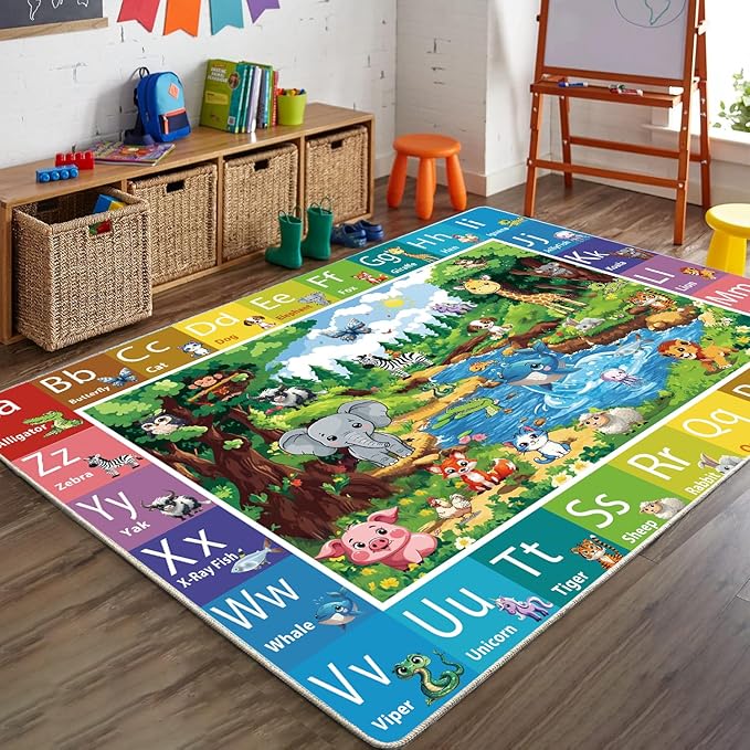 ABC Rug for Kids Room, ABC Baby Mats for Floor Toddlers, Alphabet Play Mat Elementary Preschool Kid's Rugs with Animal Illustrations - (78.7X59 Inches)