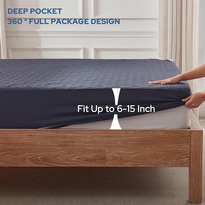 2 Pack Waterproof Mattress Protector, Twin XL Size Mattress Pad with Deep Pocket 6"-15" Depth, Soft Breathable Dirt-Proof Single Bed Mattress Cover for Bedroom, Dorm Room (Navy Blue)