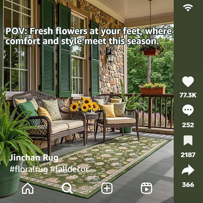 jinchan 2x5 Floral Runner Rug for Hallway Washable Kitchen Runner Vintage Romance Design Non Slip Thin Indoor Floor Cover Low-Profile Throw Carpet for Entryway Bathroom Bedroom Porch, Green