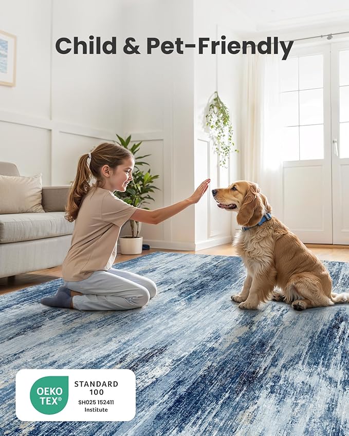 Amada 9x12 Large Area Rug, Modern Abstract Living Room Rug with Non-Slip Backing & Short Pile, Washable Rug with Abstract Pattern for Living Room, Bedroom and Dinning Room, Blue