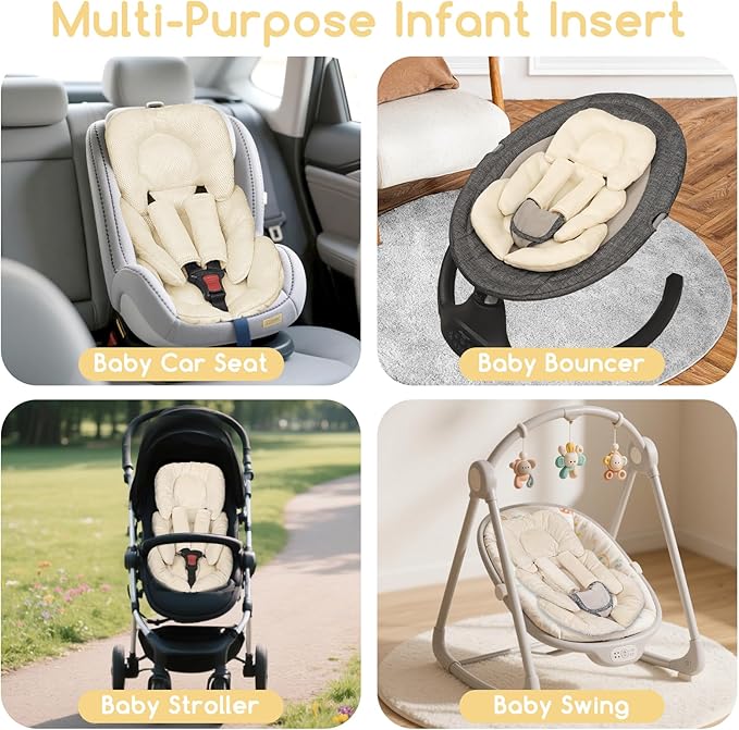 Infant Car Seat Insert for Newborn Girls Boys, Summer Mesh Baby Carseat Head Support with Strap Pads, Soft Reversible Baby Car Seat Insert Cushion Pad for Car Seat, Stroller, Bouncer, Swing, Beige