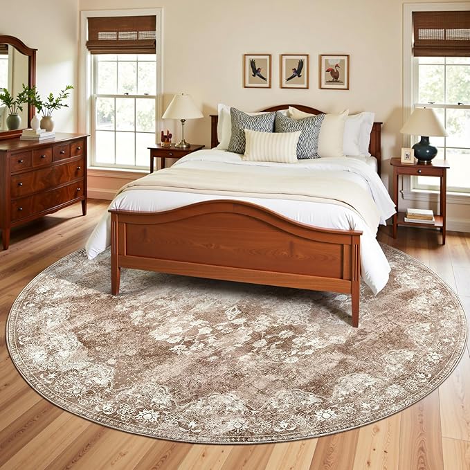 jinchan Round Rug 7ft Area Rug - Brown Vintage Floor Mat Kitchen Indoor - Washable Circle 7' Thin Floral Print Carpet Retro Farmhouse Non Slip Dining Room Living Room Bedroom Office