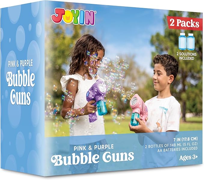 JOYIN 2 Bubble Guns with 2 Bottles Refill Solution, Bubble Machine Gun for Kids, Toddlers, Party Favors, Summer, Outdoors Activity, Wedding, Easter, Birthday Gift