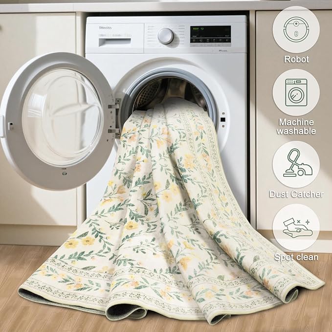 8x10 Area Rugs for Living Room: Floral Washable Rug Vintage Large Soft Boho Non-Slip Carpet Indoor Floor Stain Resistant Carpets for Bedroom Dining Room Farmhouse Nursery Home Office Beige/Multi