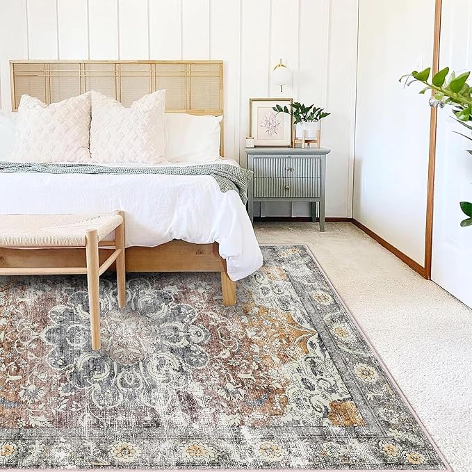 Area Rug 10x14 Washable Taupe Vintage Traditional Mat Distressed Indoor Foldable Thin Rug Retro Accent Floral Non Slip Carpet for Living Room Dining Room Office