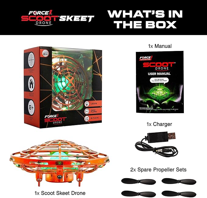 Force1 Scoot Skeet Mini Drone Electronic Shooting Game for Kids (Drone Only)- Hand Drones for Kids Compatible with Scoot Skeet LED Blaster, Electronic Target Game Indoor Flying Ball Drone Toy (Orange)
