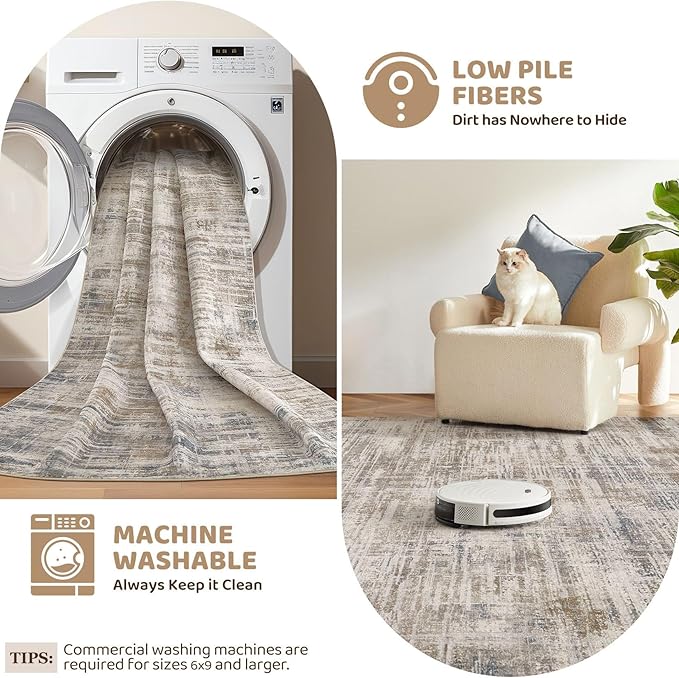 2x3 Entryway Area Rugs: Washable Neutral Abstract Small Rug Door Mat Non-Slip Soft Low Pile Indoor Carpe for Entrance Kitchen Front Door Bathroom Entry Kids Room - Brown