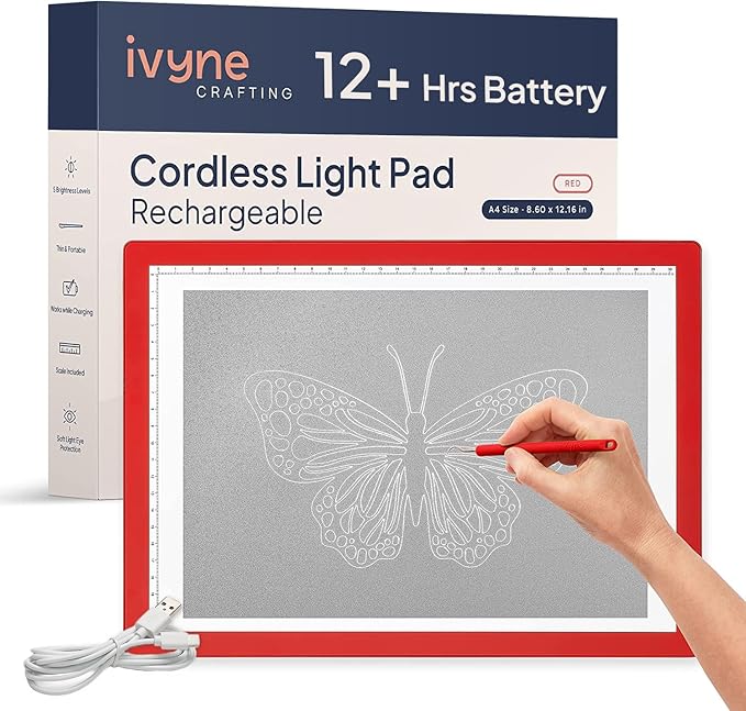 iVyne Rechargeable A4 Light Pad for Tracing & Weeding - LED Light Board for Weeding Vinyl - for Cricut Vinyl Weeding Tools - Ultra-Thin & Portable - Perfect for Artists & Crafters - Red