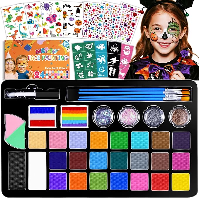 Face Painting Kit for Kids with 24Colors, Rainbow Cakes, Stencils, Gem Stickers, Glitter, Brushes, Temporary Tattoos – Non-Toxic Washable Face Paint for Halloween, Birthday Party, School Events