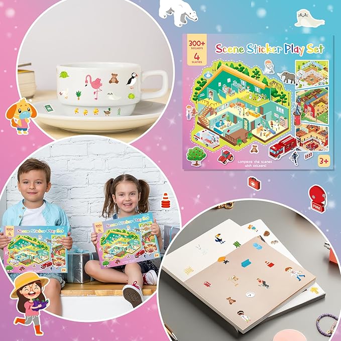 3D Sticker Scene Play Set – 4 Scenes with 300+ Stickers, Reusable Sticker Book, Waterproof Stickers for Kids & Adults