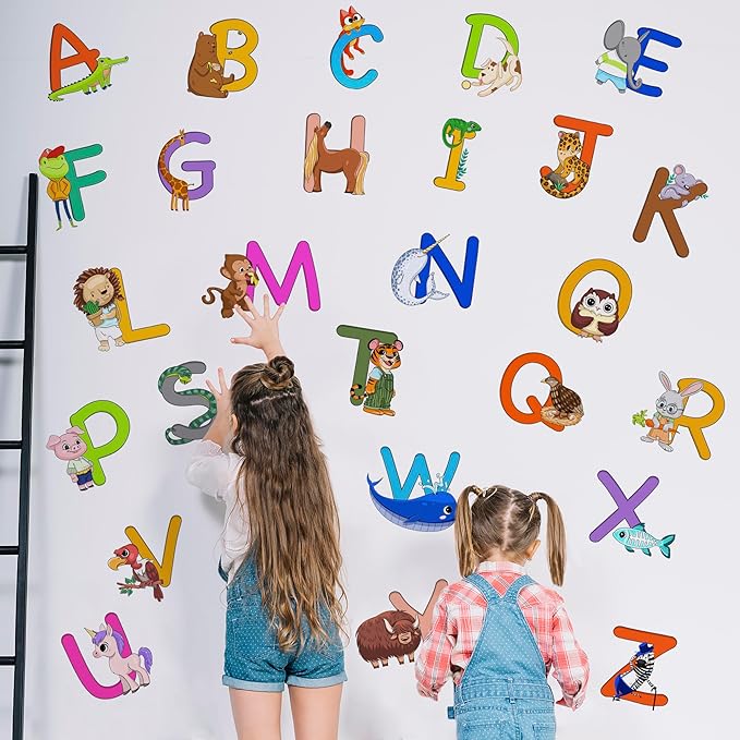 ABC Educational Wall Stickers for Kids - Animal Alphabet Wall Decals by Lipastick - Peel and Stick Letters for Boys and Girls Bedroom, Baby Room, Nursery Decor - Removable Wall Art