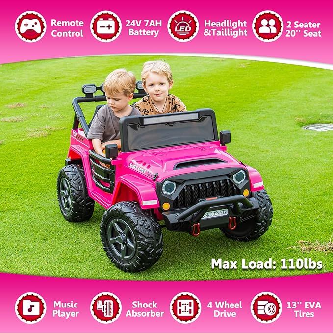 24V 2 Seater Ride On Truck with Remote Control 4WD Electric Car for Kids Ride On Car Battery Powered Ride On Toy Car with Music Player, LED Lights, Bluetooth, Rear Shock Absorber, Hot Pink