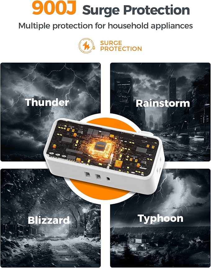 Flat Plug Extension Cord 10 FT, TESSAN Surge Protector Power Strip with 4 AC Outlets 1 USB C and 2 USB A Ports, 900 Joules Protection, Multiple Wall Outlet Extender Suitable for Home Office Dorm