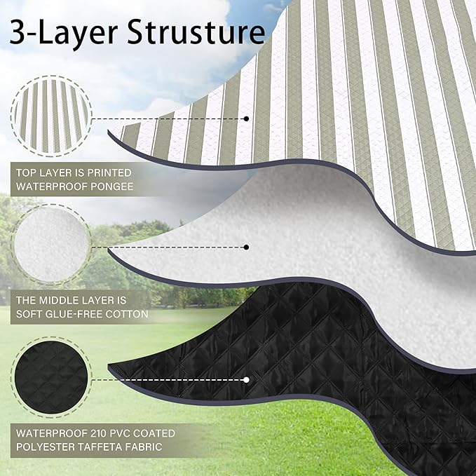 HX&OD Outdoor Picnic Blanket Extra Large, 80''*60'' Waterproof Picnic Mat with Stakes Foldable Camping Blanket Portable with Carry Strap for Beach Mat (Green& White, 80''*60'')