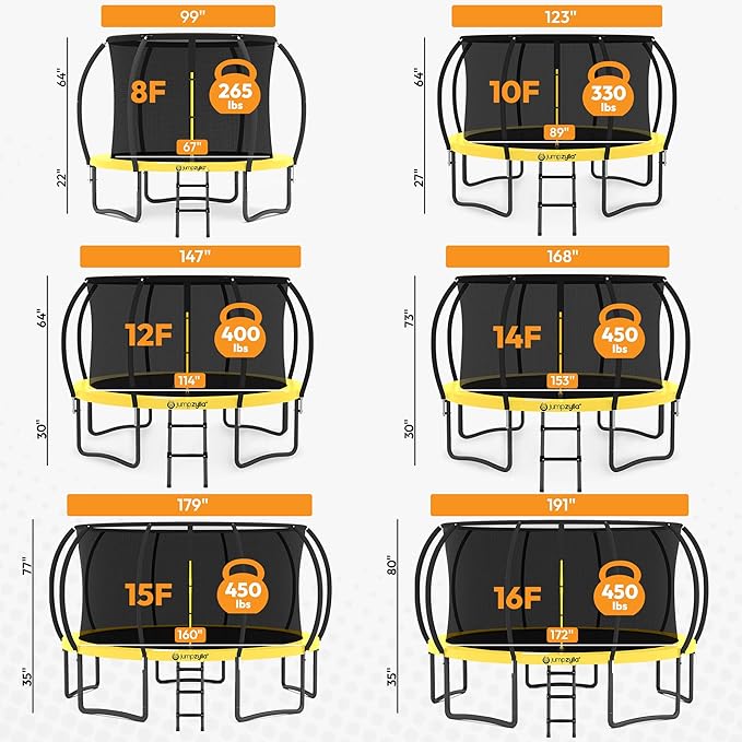 JUMPZYLLA Trampoline Outdoor 8FT 10FT 12FT 14FT 15FT 16FT with Enclosure and Ladder, ASTM Approved Recreational Trampoline for Kids and Adults, Anti-Rust Coated Frame