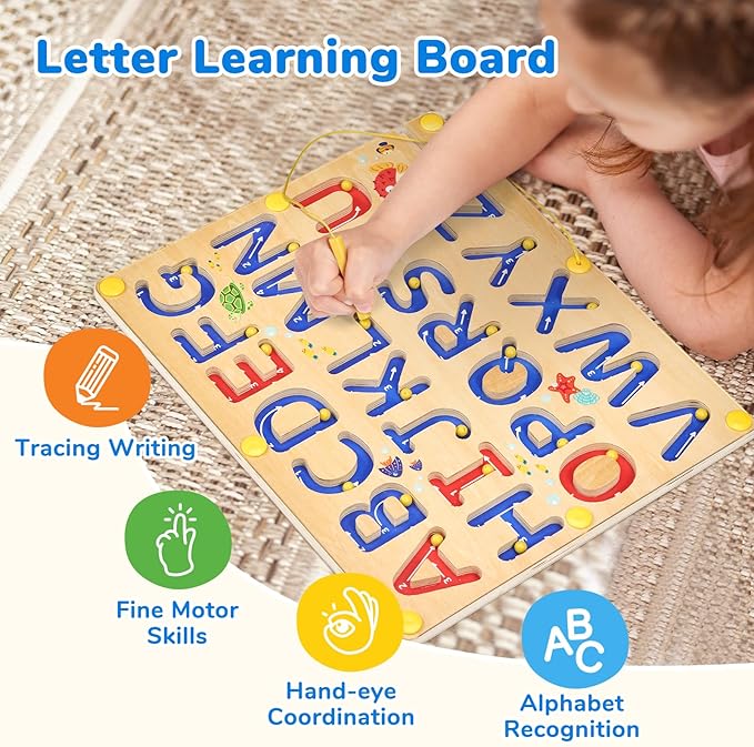 JoyCat Magnetic Letter Tracing Board, Wooden Alphabet Tracing Board for Toddlers ABC Magnets Letter Writing Practice, Magnetic Maze Preschool Learning Educational Toys for Kids 3-5