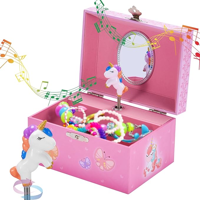 Jewelkeeper Unicorn and Butterfly Themed Jewellery Box Pink for Girls - Wooden Jewelry Box with Velvet Lining for Little Girl's Necklaces and Accessories - Spinning Unicorn Doll, Toys for Girls