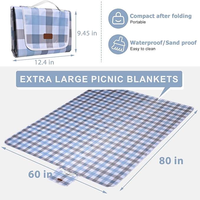 80"x60" Waterproof Sandproof Picnic Mat - Portable Foldable Outdoor Blanket for Beach, Park, Travel & Indoor Use - Lightweight Compact Design, Easy-Carry (Blue&Gray)