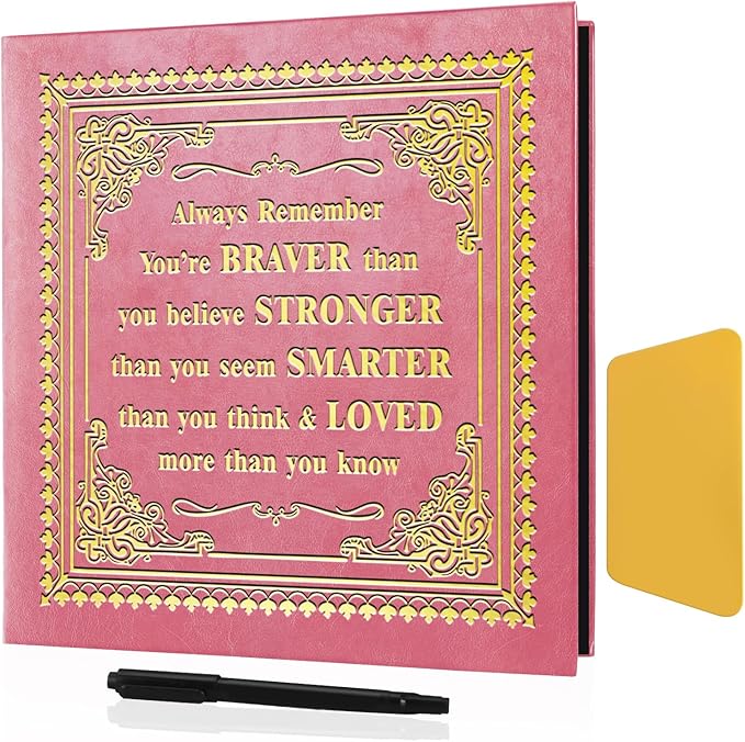 Inspirational Leather Photo Album,Magnetic Self-Stick Page Photo Album,Family Album,Hand Made DIY Albums Holds 3x5, 4x6, 5x7, 6x8 Photos (pink-always remember)