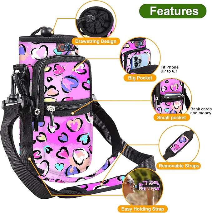 icolor Water Bottle Carrier Bag with Strap 25/32/40 oz Crossbody Bottle Holder with Phone Pocket Sling Sleeve Insulated Neoprene Water Bottle Pouch for Walking Travelling