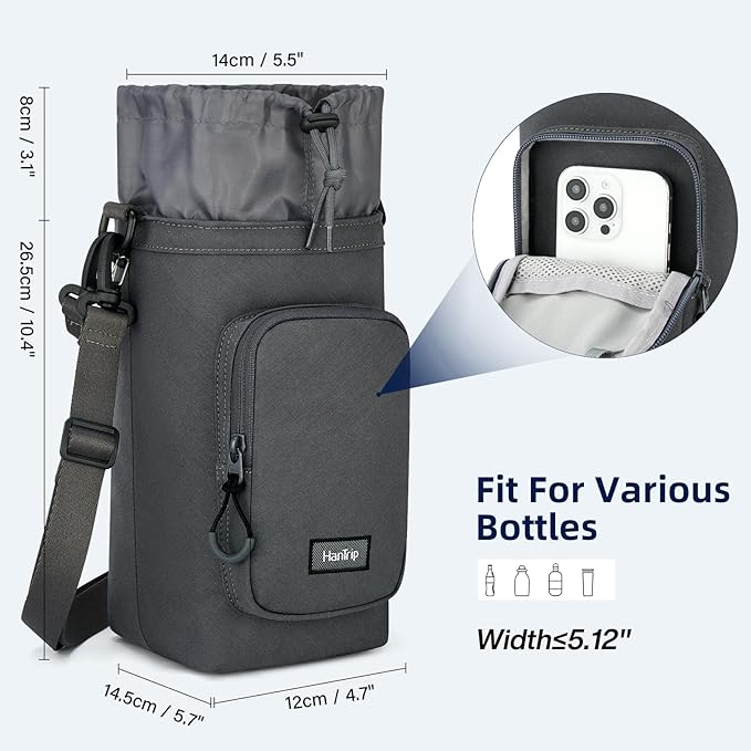 Insulated Water Bottle Carrier Bag with Strap Phone Pocket for 25/32/40/64 oz Tumbler Cup, Water Bottle Holder