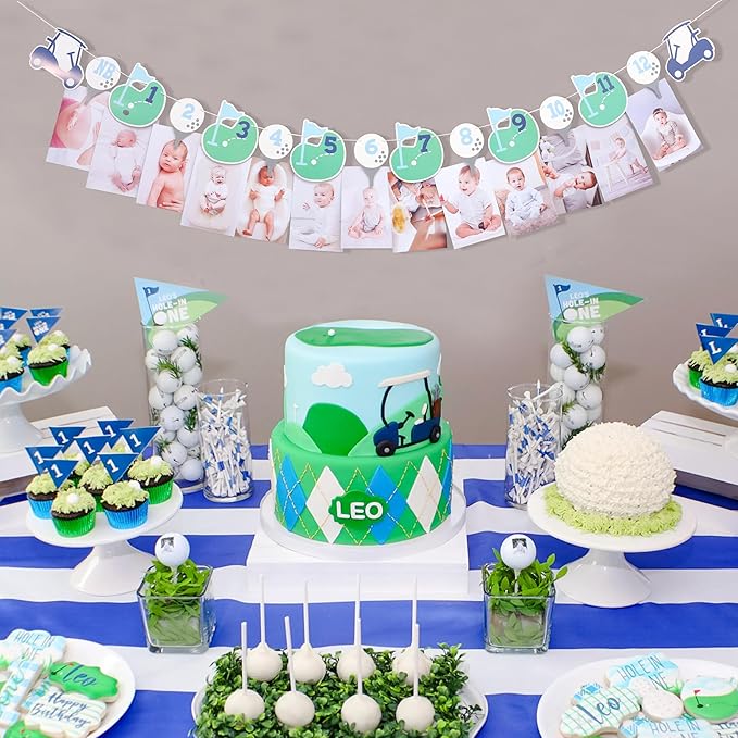 Hole In One First Birthday - Golf 1st Birthday Decorations,Golf 12 Month Photo Banner,Golf 1st Year Photo Banner One High Chair Banner