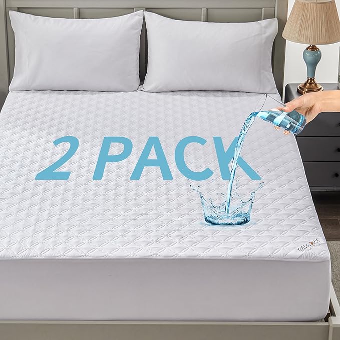 2 Pack Waterproof Mattress Protector, Twin Size Mattress Pad with Deep Pocket Fitted Up to 6-15 inches, Soft Noiseless Single Bed Mattress Cover for Bedroom, Dorm Room