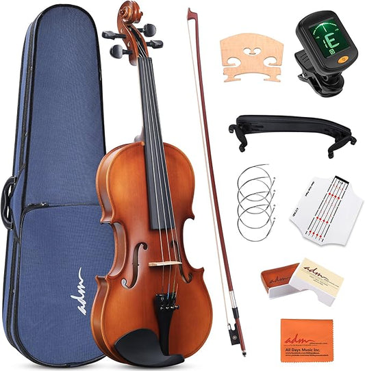 ADM 4/4 Full Size Wood Violin Set for Kids Teens Students Adults Beginner Acoustic Violin Matte Fiddle Starter Kit with Hard Case, Rosin, Shoulder Rest, Bow, Clip-on Tuner and Fingerboard Sticker