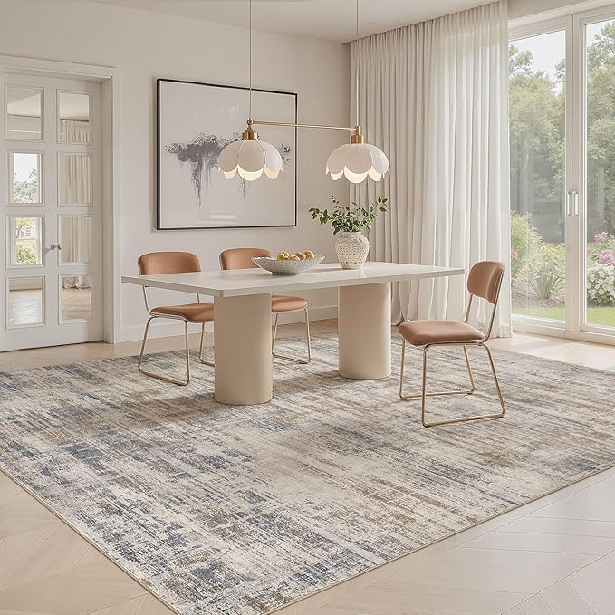Area Rug for Living Room: 7x9 Washable Neutral Abstract Modern Soft Rugs Non Slip Indoor Floor Stain Resistant Large Carpet for Bedroom Dining Room Office Nursery - Brown