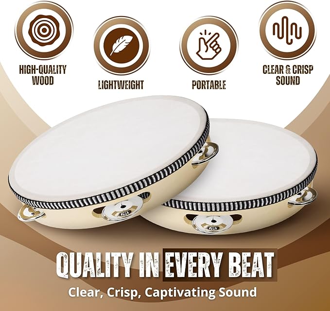 Flexzion Wooden Round Tambourine for Kids and Adults 10" Inch Single Row 8 Pair Jingles, Wood Handheld Percussion Instrument for Beginner and Professional Tambourine Player