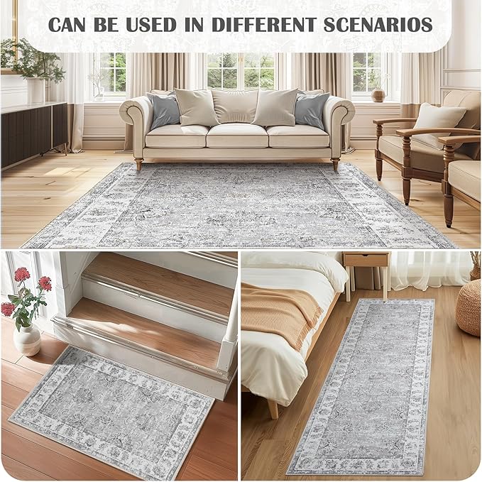 jinchan Runner Rug 3x8-2pcs Kitchen Washable Vintage Rug Hallway RugFloral Print Floor Cover Indoor Thin Retro Mat Accent for Bathroom Laundry Room Bedroom Office Farmhouse (Double,Grey)